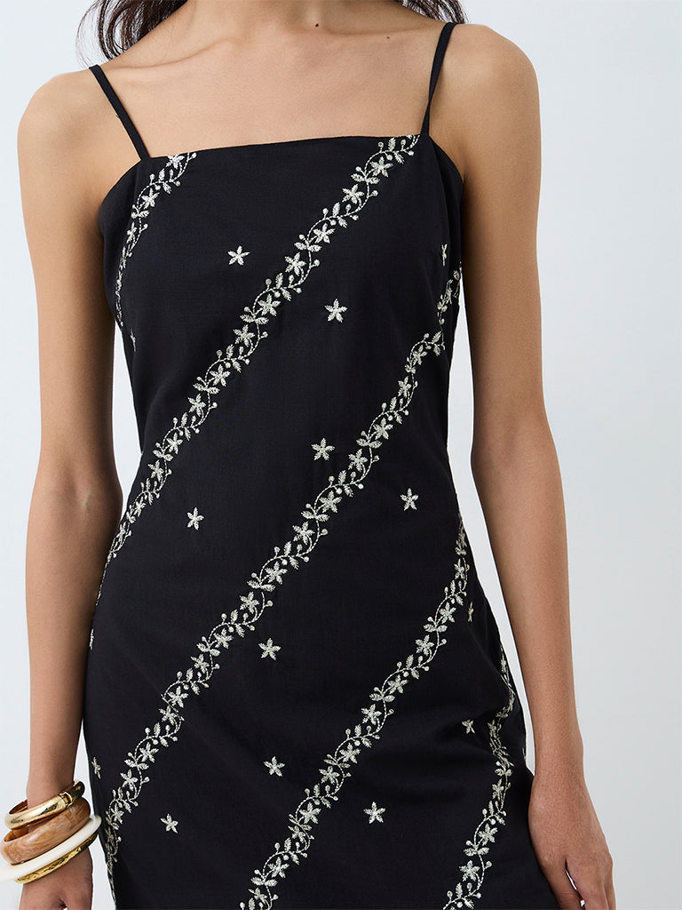 Bombay Paisley Black Floral Embroidered Cotton Straight Dress
