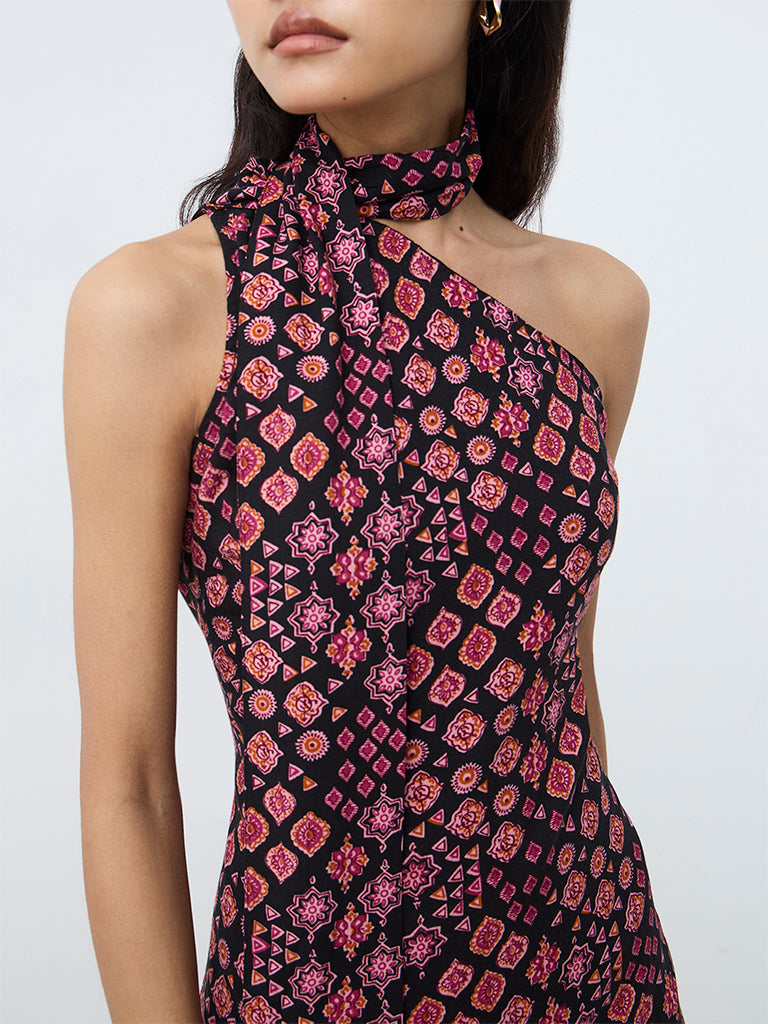 Bombay Paisley Black Printed One-Shoulder A-Line Mini Dress