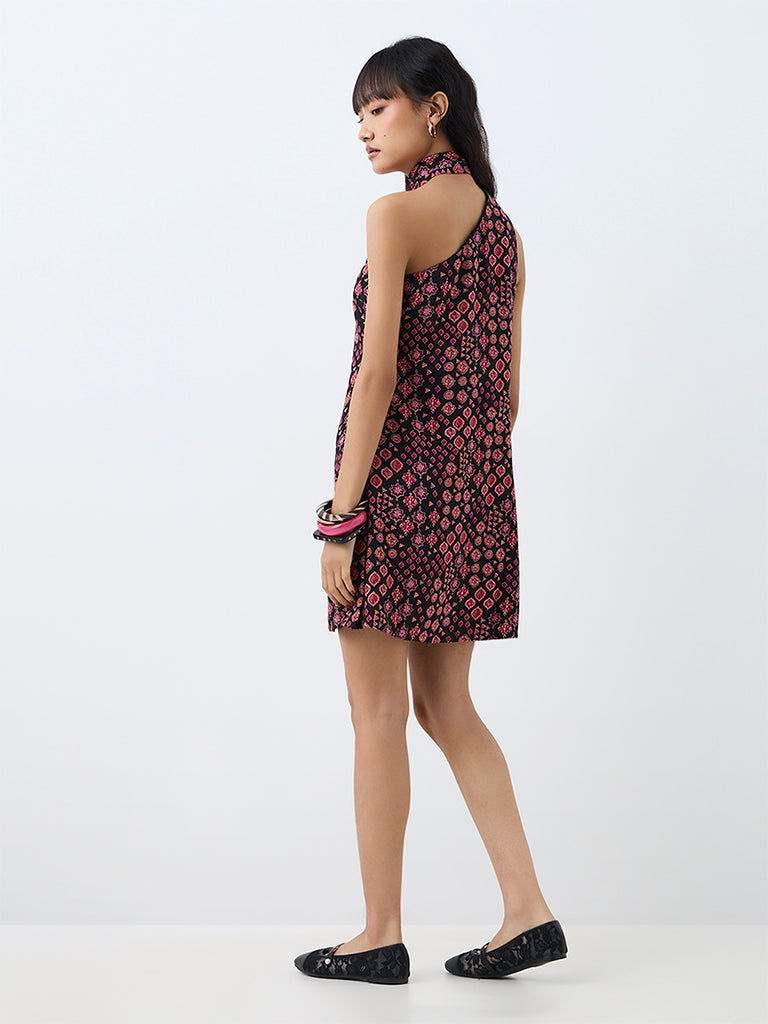 Bombay Paisley Black Printed One-Shoulder A-Line Mini Dress