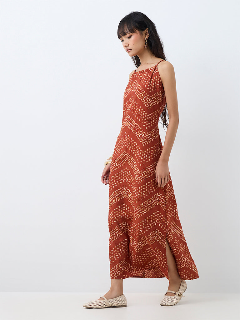 Bombay Paisley Rust Bandhani Printed Cotton A-Line Dress