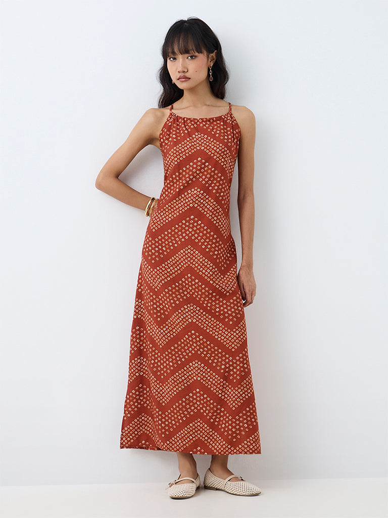 Bombay Paisley Rust Bandhani Printed Cotton A-Line Dress