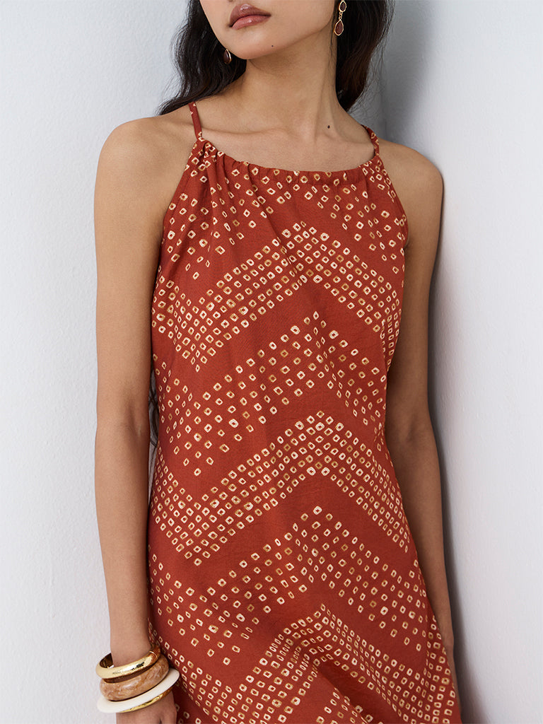 Bombay Paisley Rust Bandhani Printed Cotton A-Line Dress