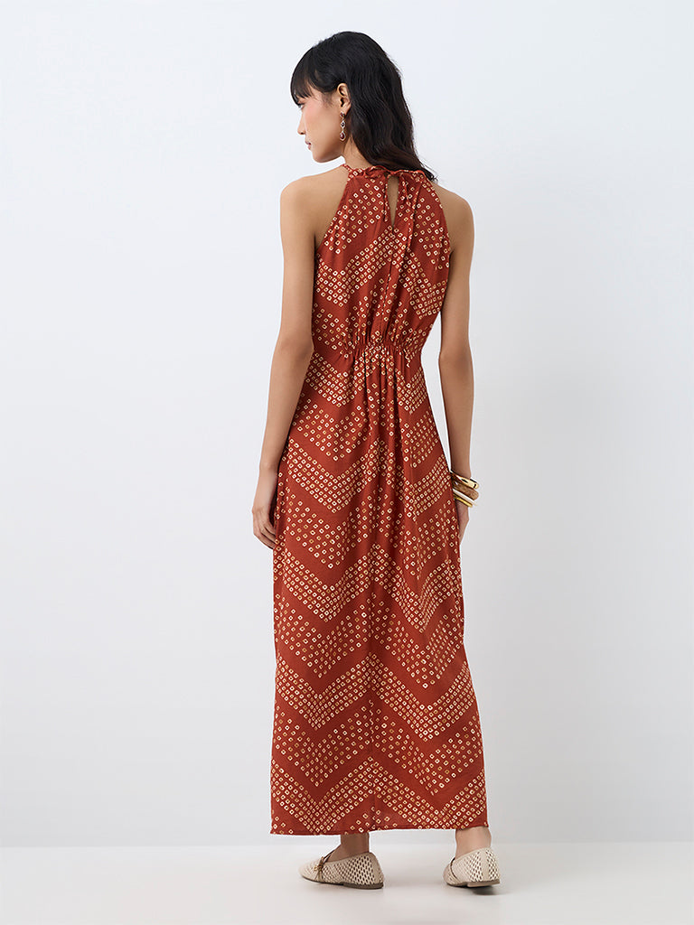 Bombay Paisley Rust Bandhani Printed Cotton A-Line Dress