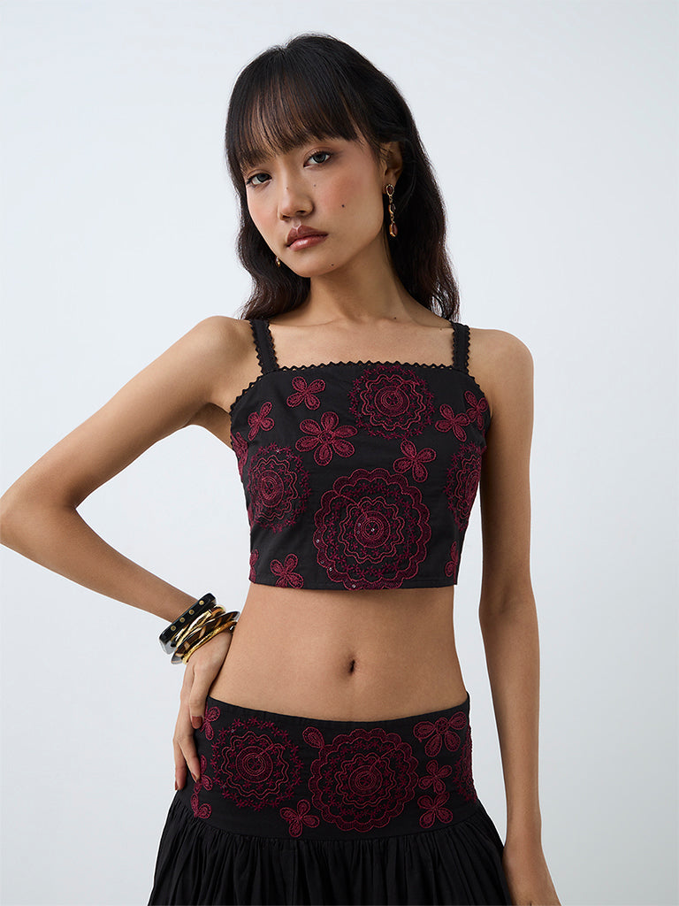 Bombay Paisley Black Floral Embroidered Cotton-Blend Crop Top