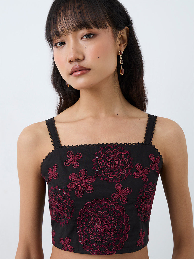 Bombay Paisley Black Floral Embroidered Cotton-Blend Crop Top