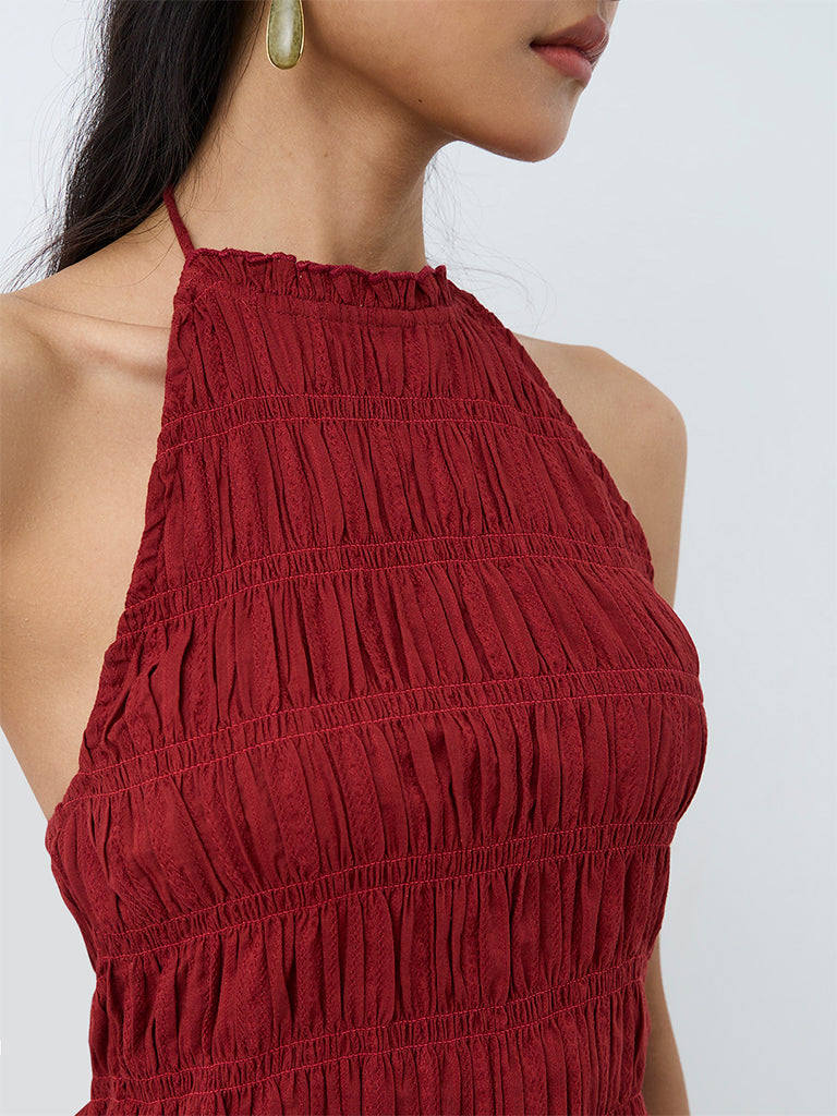 Bombay Paisley Red Smocked Peplum Cotton-Blend Top