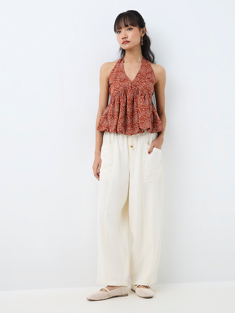 Bombay Paisley Rust Floral Printed Peplum Cotton Top