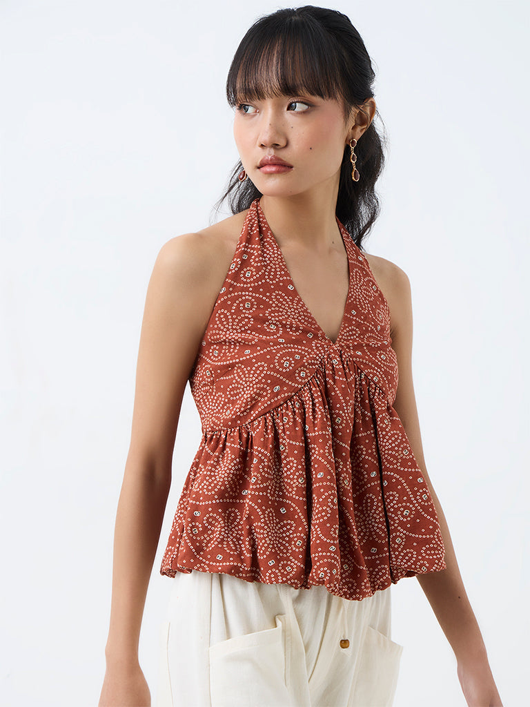 Bombay Paisley Rust Floral Printed Peplum Cotton Top