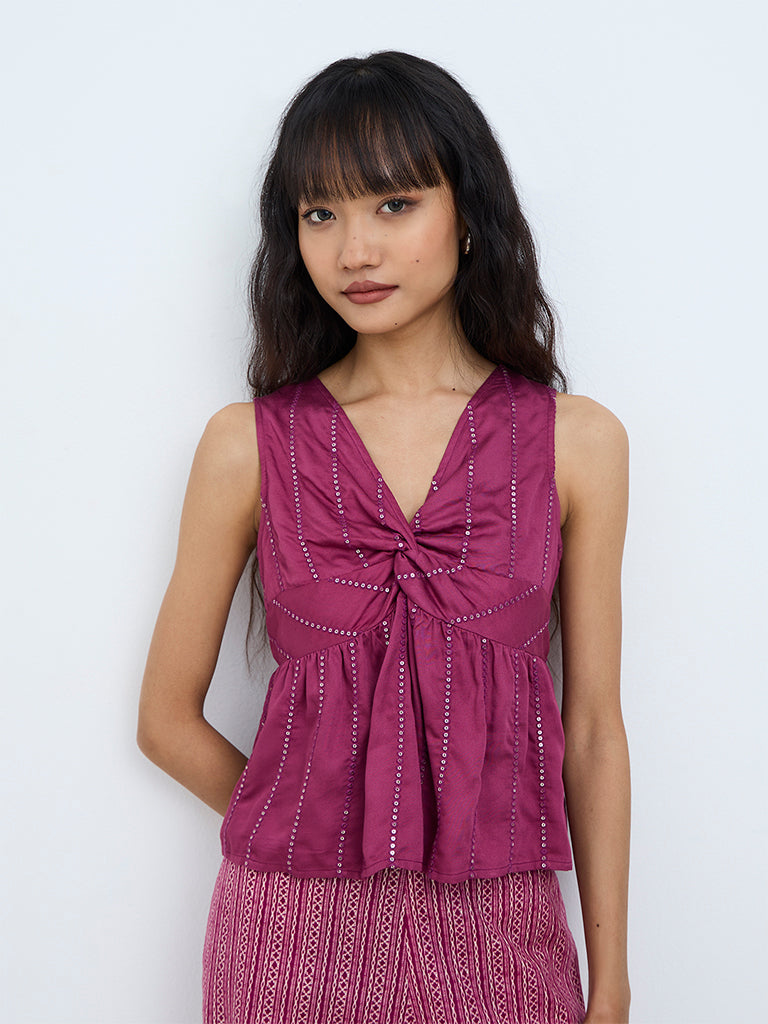 Bombay Paisley Magenta Sequin Embellished Peplum Top