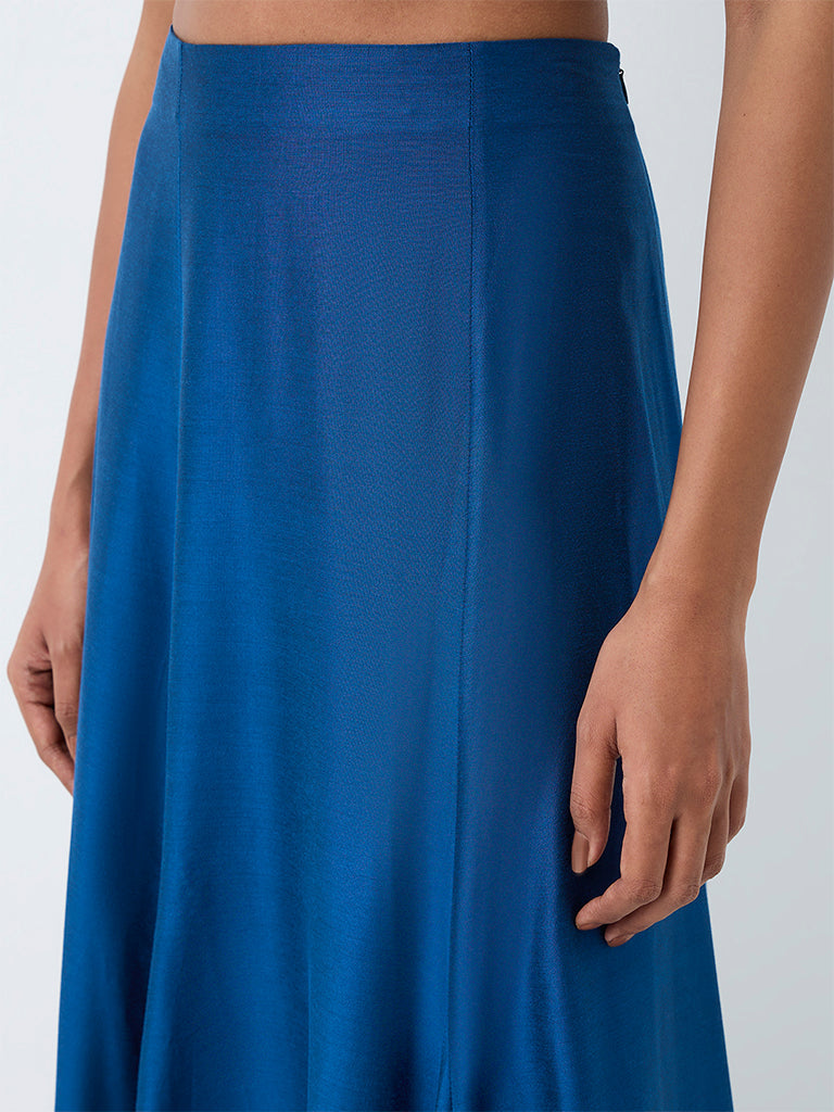 Vark Indigo Solid Flared Maxi Skirt