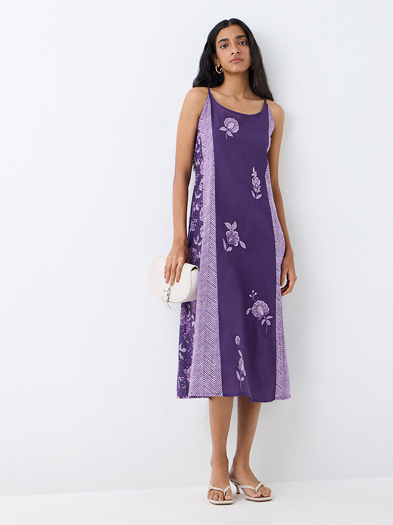 Utsa Purple Floral Embroidered Cotton A-Line Dress