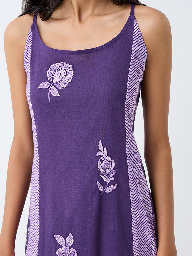 Utsa Purple Floral Embroidered Cotton A-Line Dress