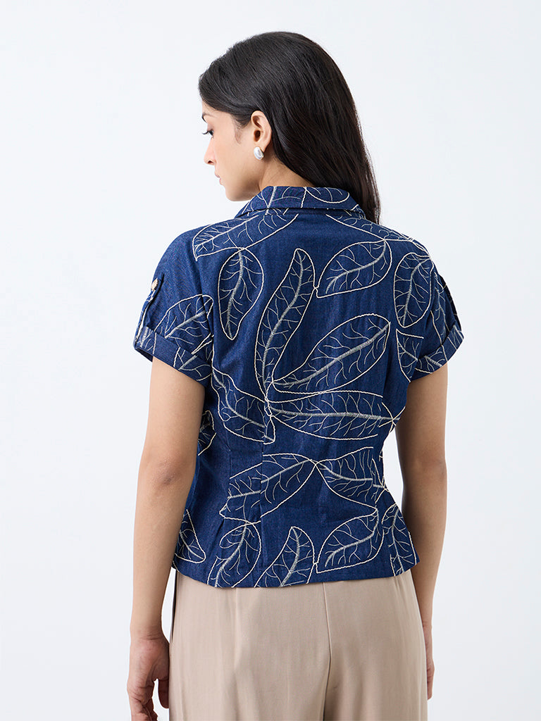 LOV Dark Blue Botanical Embroidered Cotton Shirt