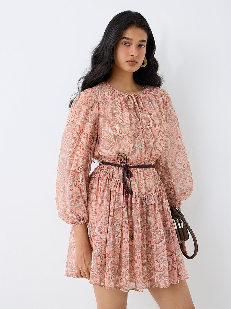 LOV Peach Paisley Printed Fit-and-Flare Dress with Belt