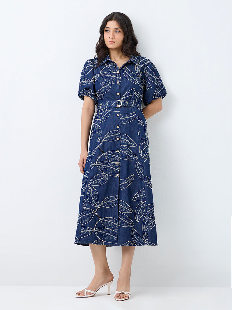 LOV Dark Blue Foliage Embroidered Cotton Shirt Dress with Belt
