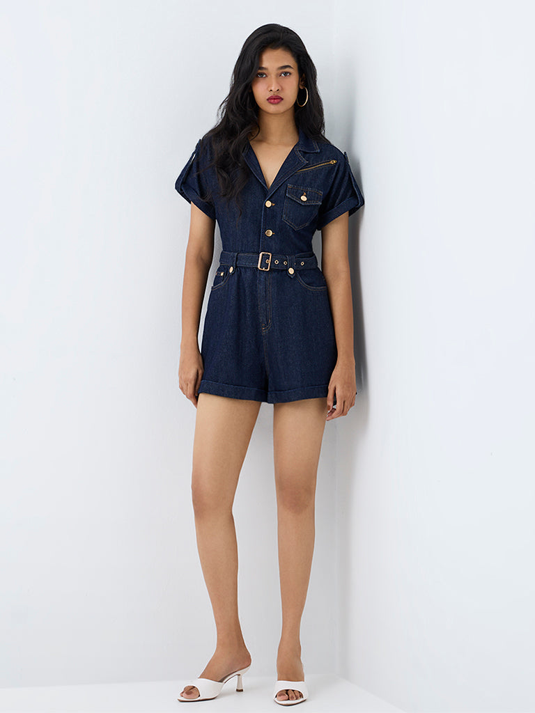 LOV Dark Blue Denim Jumpsuit with Belt