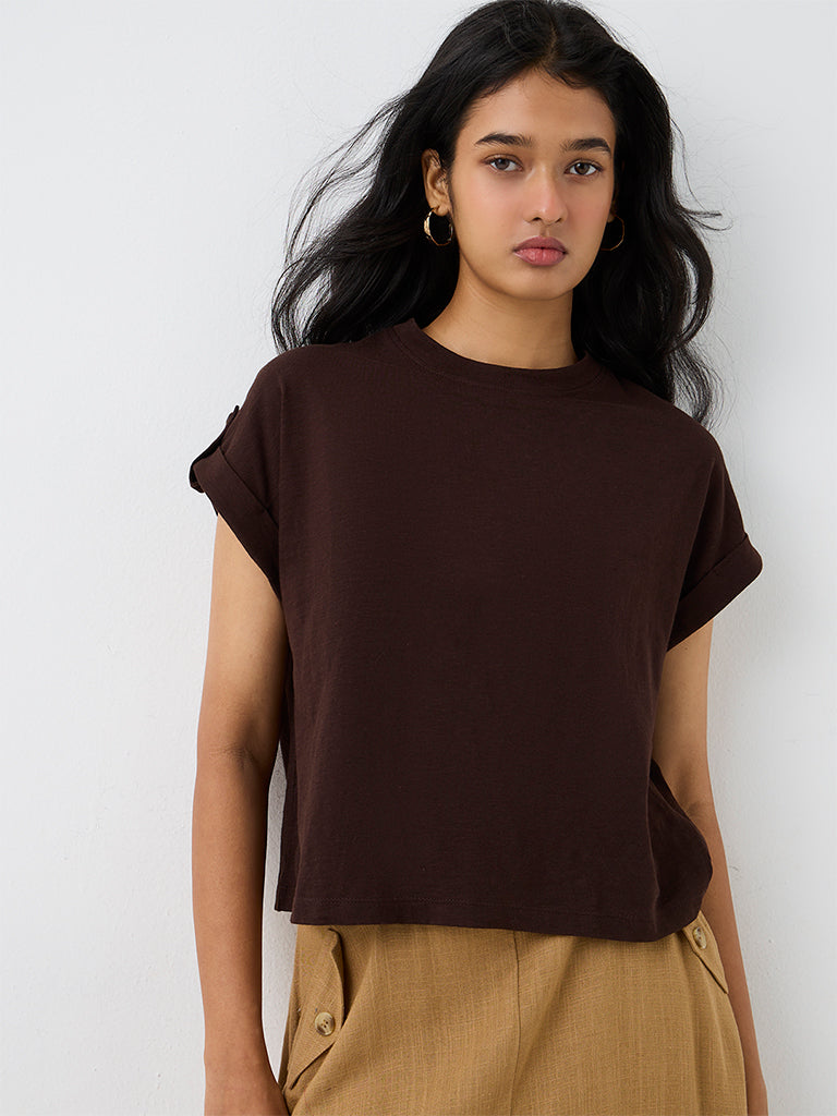 LOV Dark Brown Solid Cotton T-Shirt