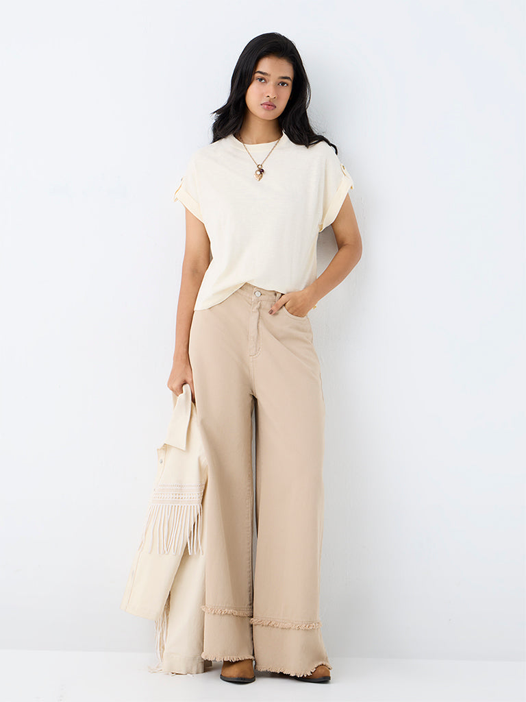 LOV Off-White Solid Cotton T-Shirt