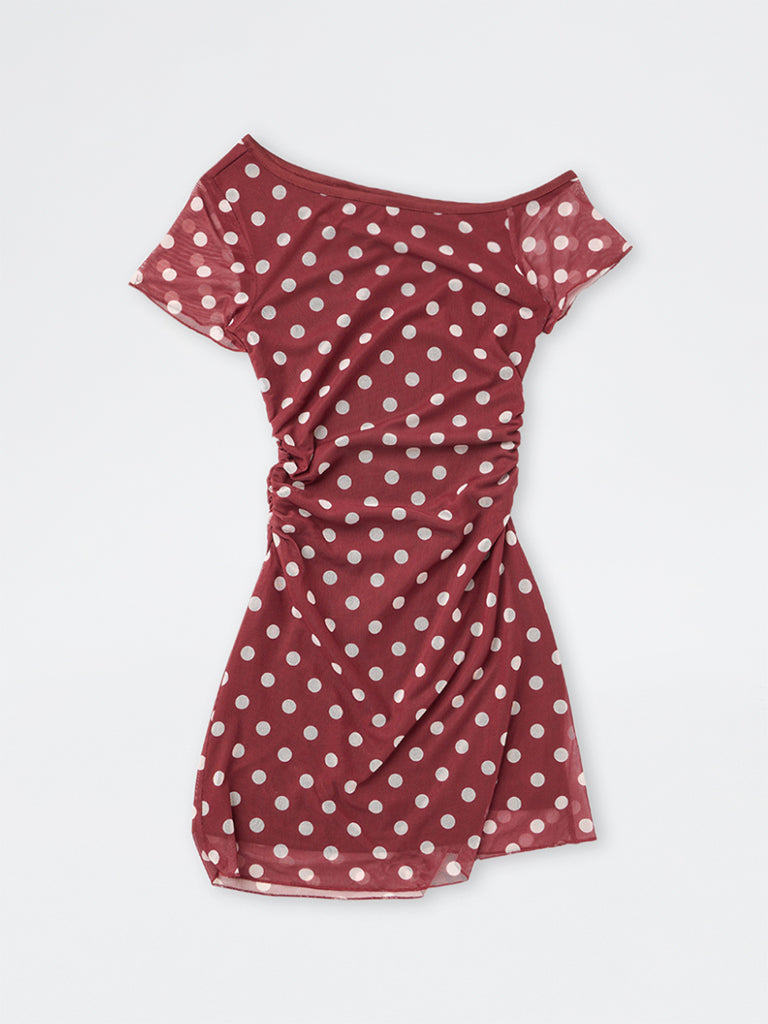 Girls Burgundy Polka-Dot A-Line Dress