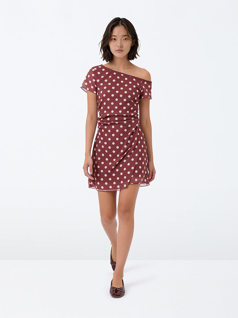 Girls Burgundy Polka-Dot A-Line Dress