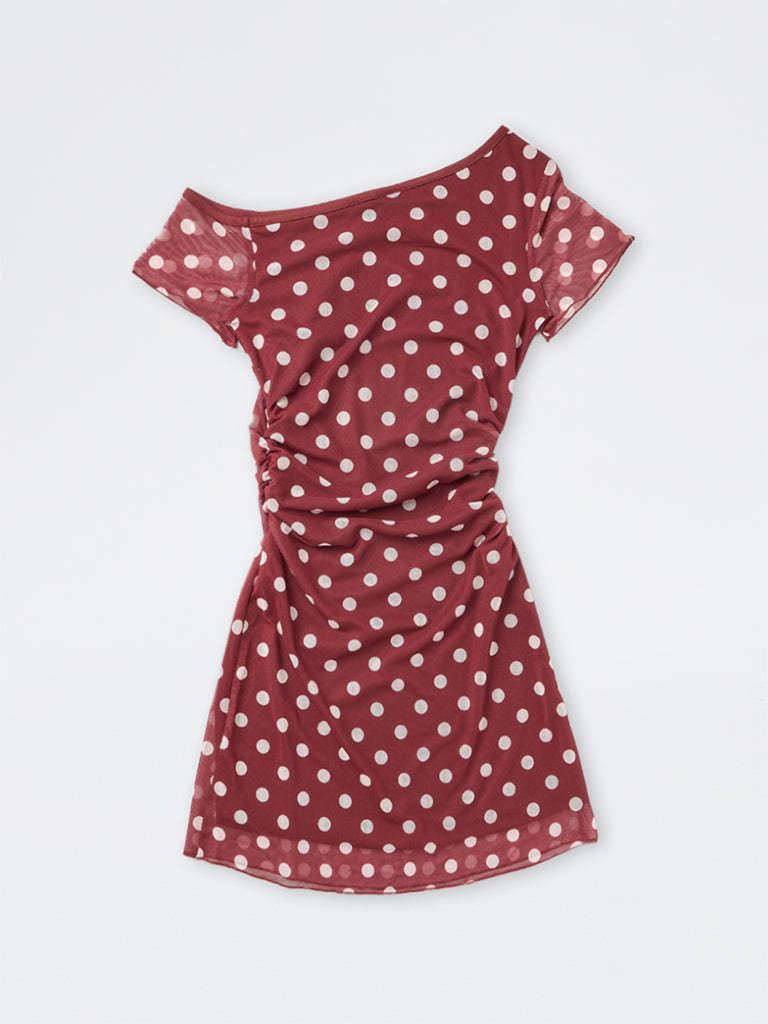 Girls Burgundy Polka-Dot A-Line Dress