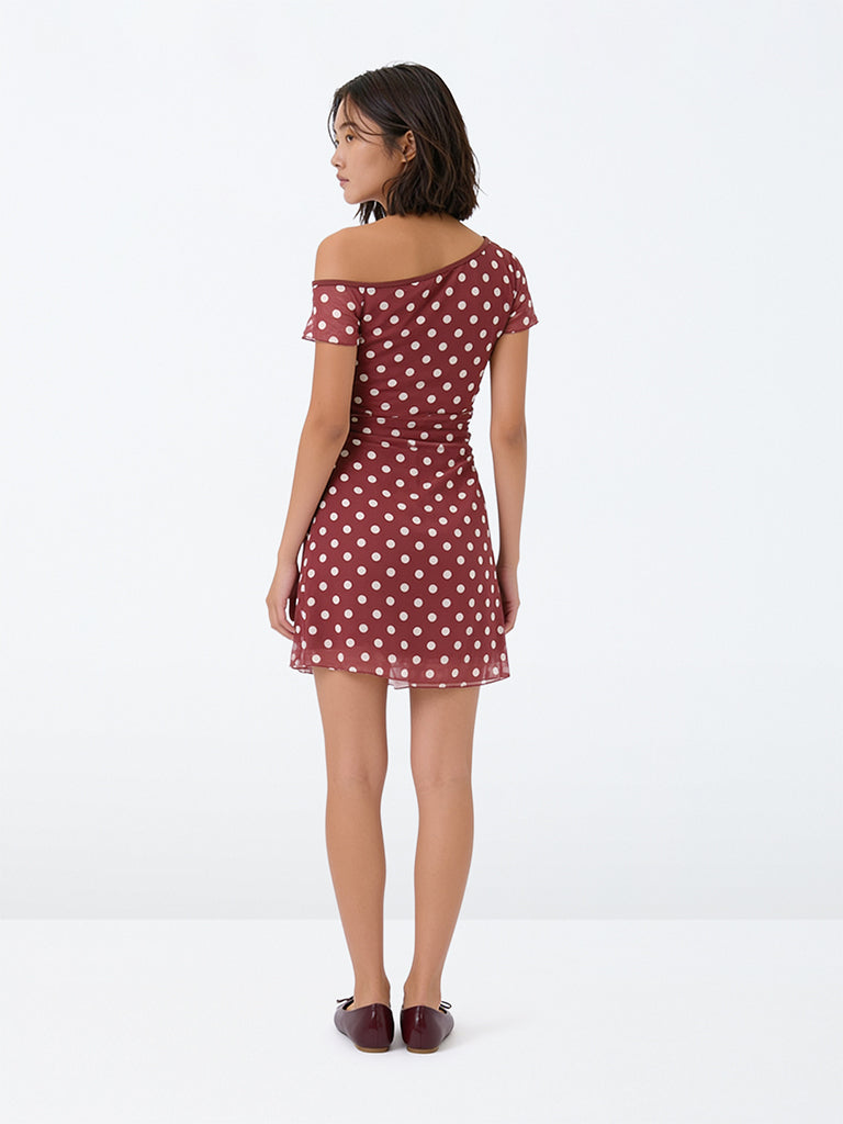 Girls Burgundy Polka-Dot A-Line Dress