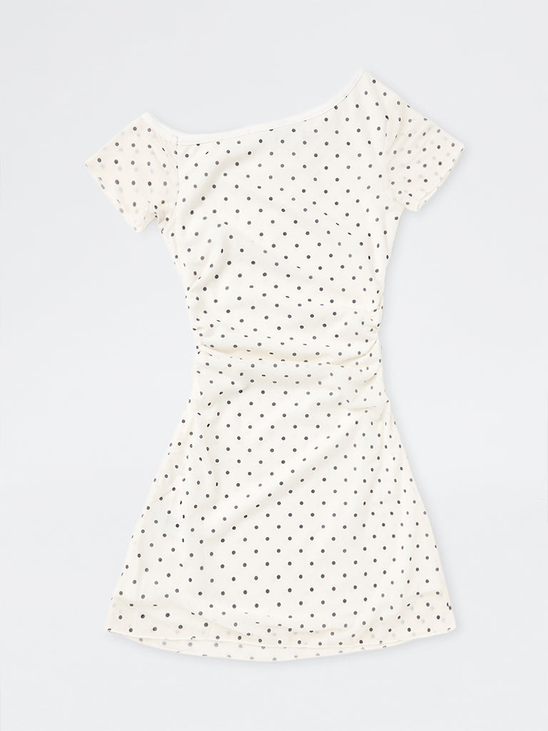 Girls Off-White Polka Dot One-Shoulder Dress