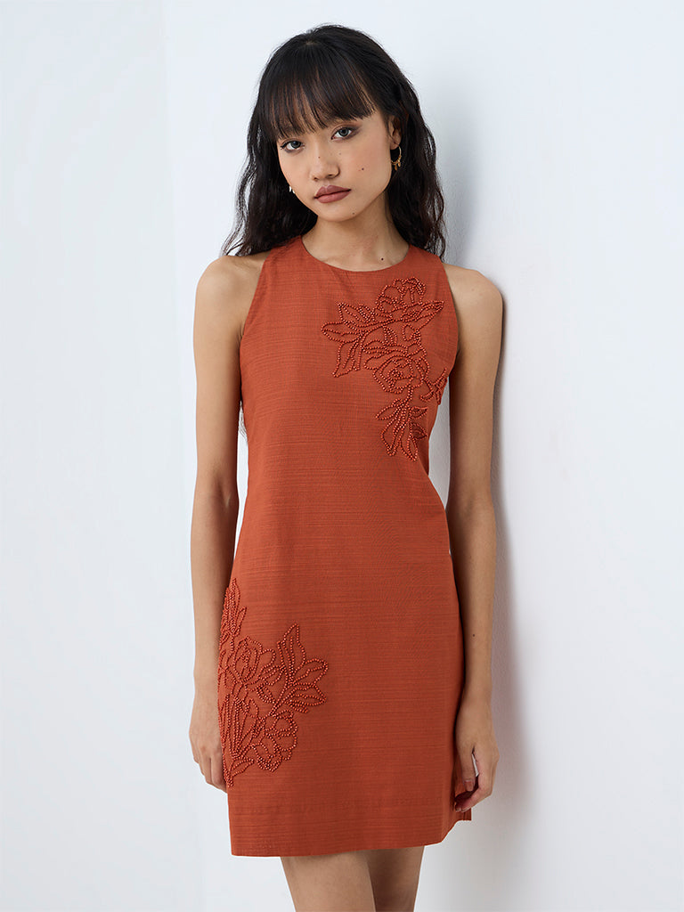 Bombay Paisley Rust Floral Embellished Cotton A-Line Dress