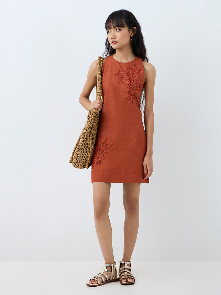 Bombay Paisley Rust Floral Embellished Cotton A-Line Dress