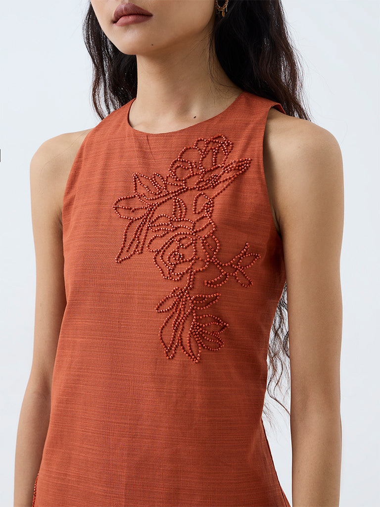 Bombay Paisley Rust Floral Embellished Cotton A-Line Dress