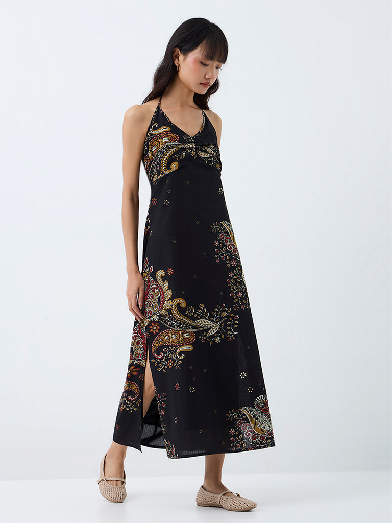 Bombay Paisley Black Floral Printed Cotton A-Line Dress