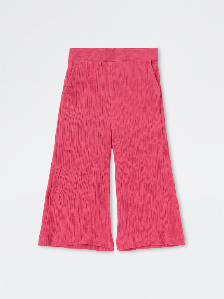 Utsa Kids Girls Fuchsia Crinkle-Textured Cotton Flared Ethnic Pants (2-8 yrs)