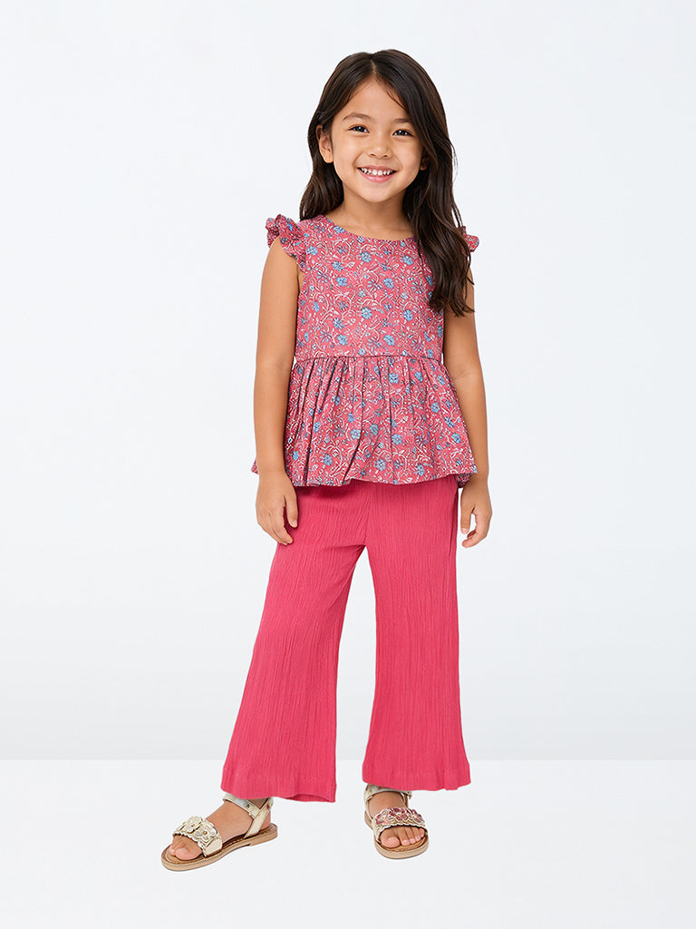 Utsa Kids Girls Fuchsia Crinkle-Textured Cotton Flared Ethnic Pants (2-8 yrs)