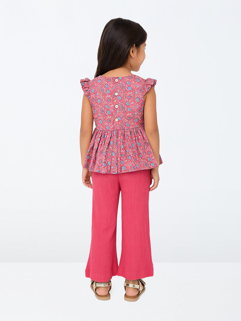 Utsa Kids Girls Fuchsia Crinkle-Textured Cotton Flared Ethnic Pants (2-8 yrs)