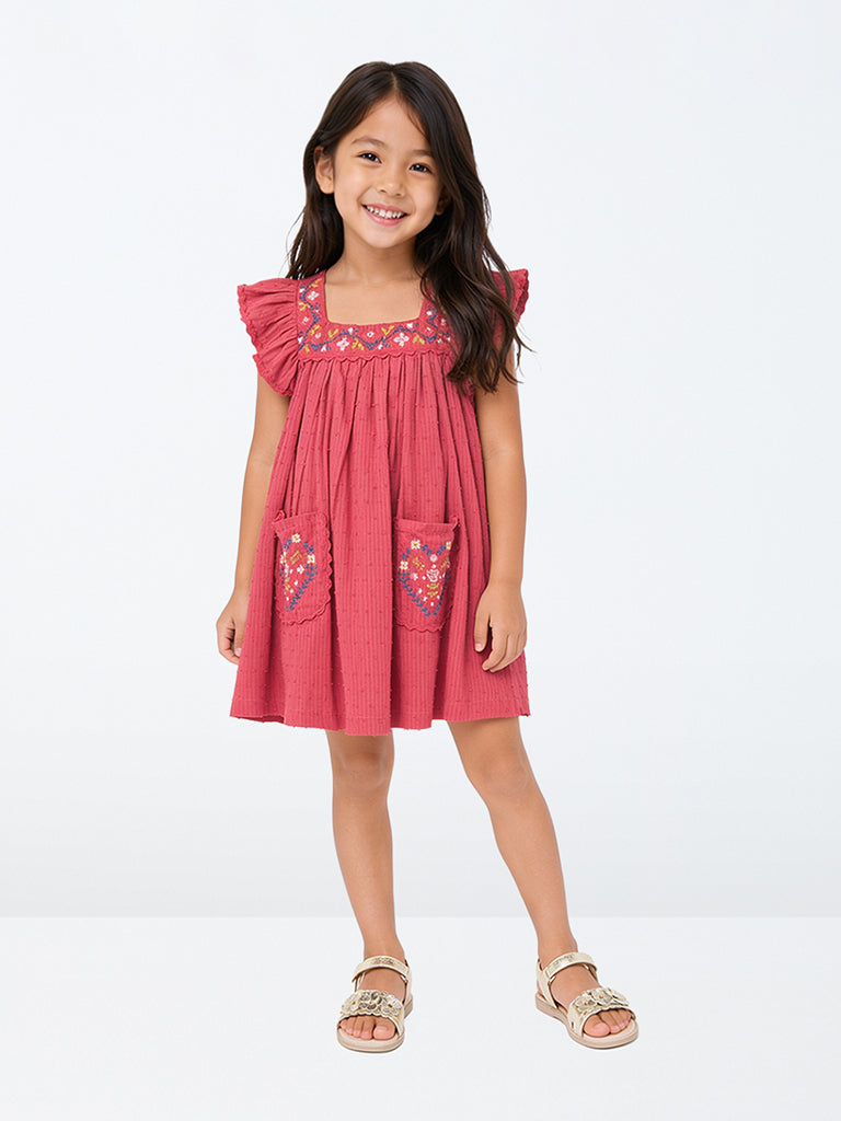 Utsa Kids Girls Pink Floral Embroidered Cotton A-Line Dress (2-8 yrs)