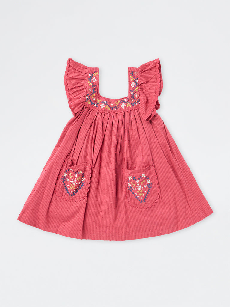 Utsa Kids Girls Pink Floral Embroidered Cotton A-Line Dress (2-8 yrs)