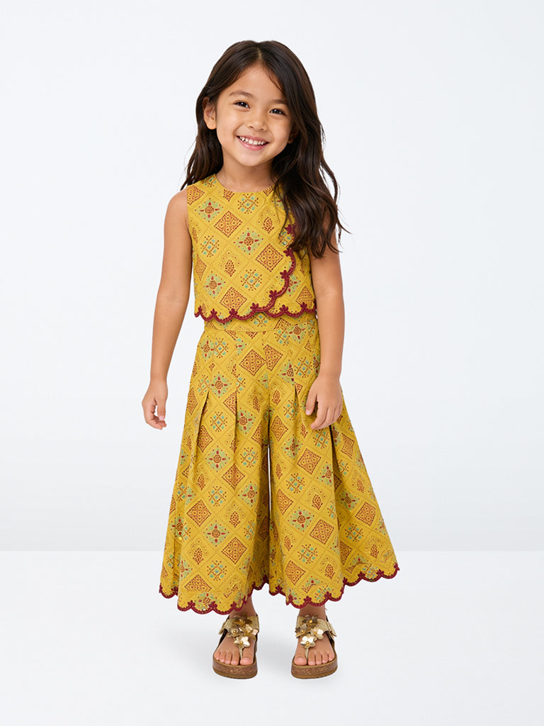 Utsa Kids Girls Yellow Printed Cotton Crop Top with Flared Palazzo Set - (2-8 yrs)