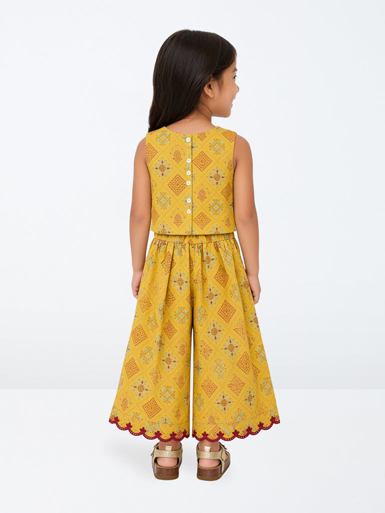 Utsa Kids Girls Yellow Printed Cotton Crop Top with Flared Palazzo Set - (2-8 yrs)
