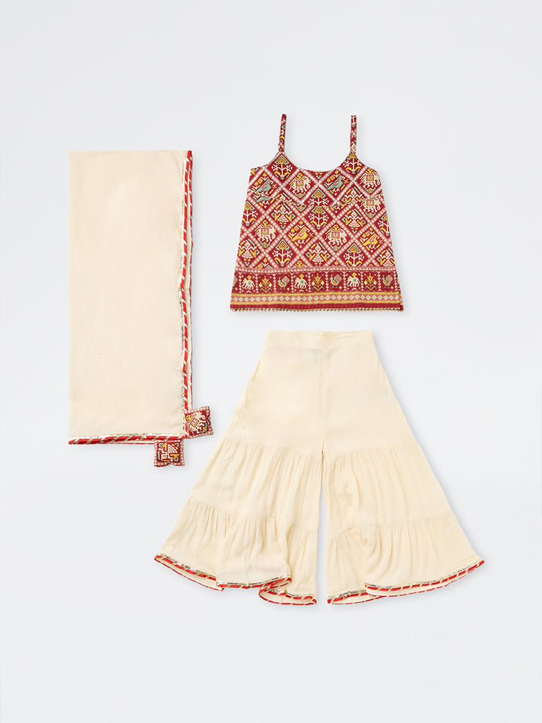 Utsa Kids Girls Red Printed Cotton Kurta with Sharara Set (2-8 yrs)