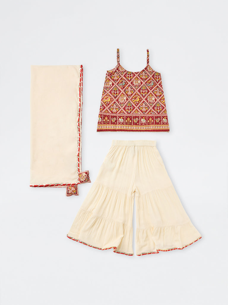 Utsa Kids Girls Red Printed Cotton Kurta with Sharara Set (2-8 yrs)