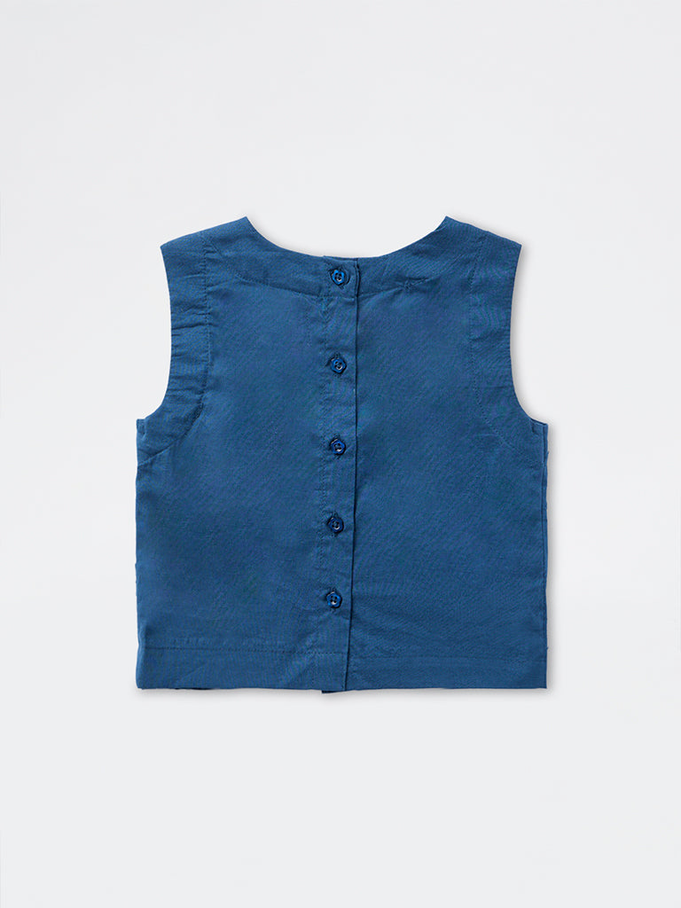 Utsa Kids Girls Dark Blue Floral Embroidered Cotton Top - (2-8 yrs)