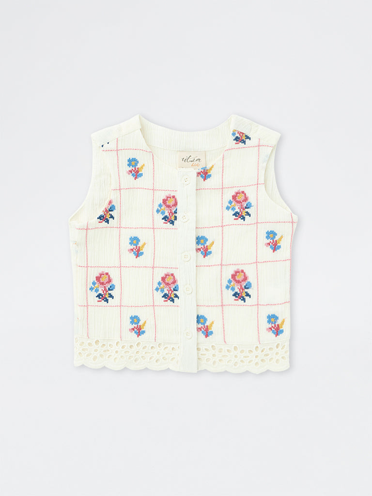 Utsa Kids Girls Off-White Floral Embroidered Cotton Top (2-8 yrs)