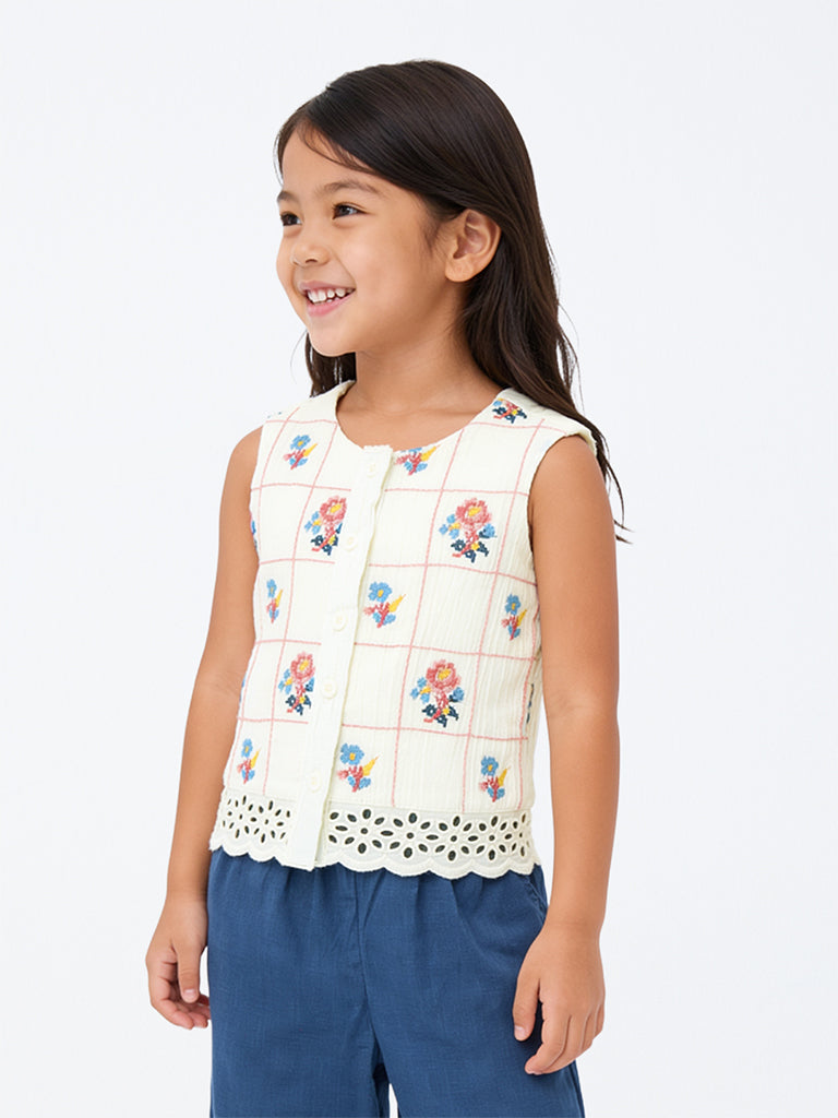 Utsa Kids Girls Off-White Floral Embroidered Cotton Top (2-8 yrs)