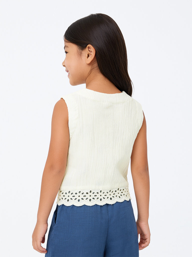 Utsa Kids Girls Off-White Floral Embroidered Cotton Top (2-8 yrs)