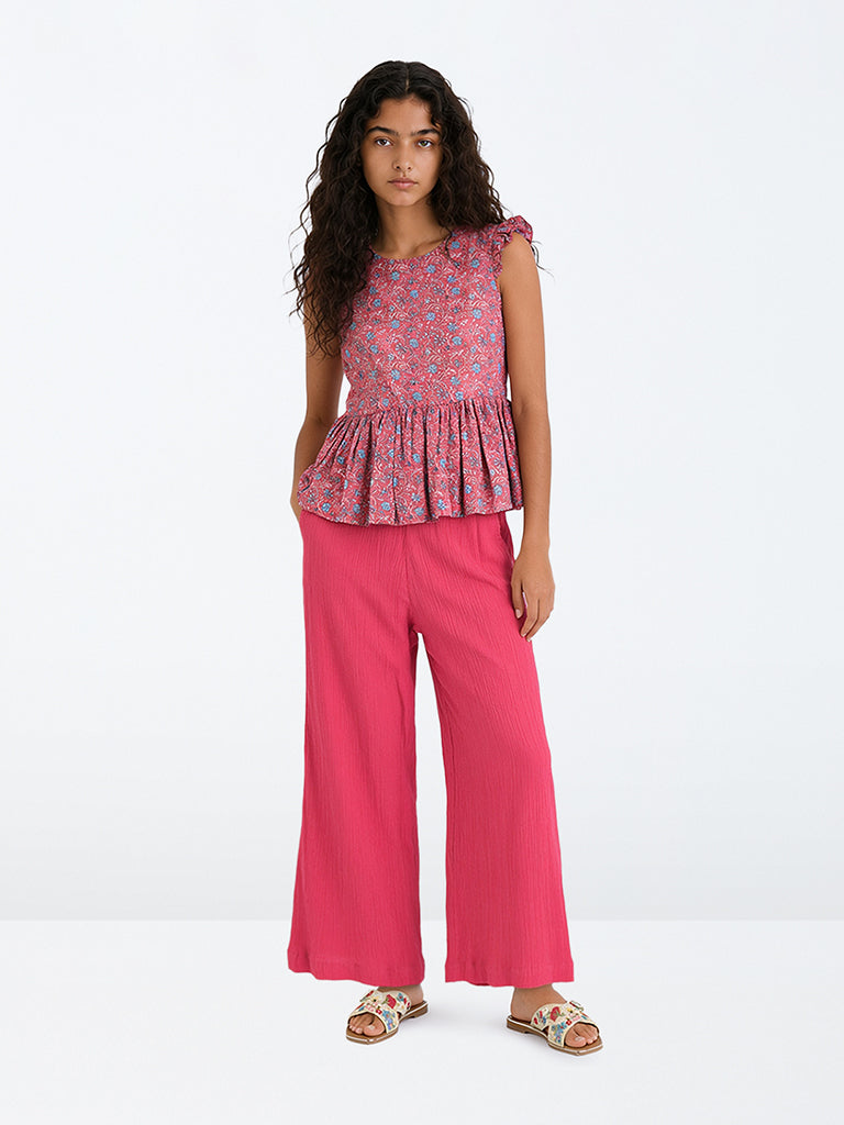 Utsa Kids Girls Fuchsia Crinkle-Textured Cotton Flared Ethnic Pants (8-14 yrs)