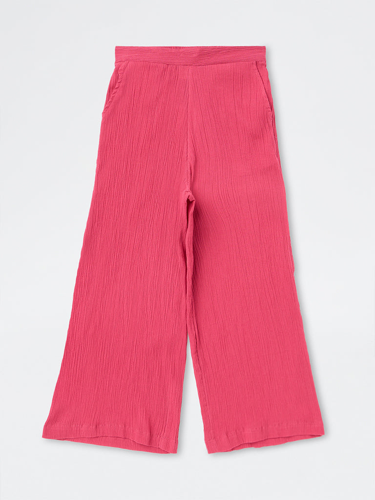 Utsa Kids Girls Fuchsia Crinkle-Textured Cotton Flared Ethnic Pants (8-14 yrs)