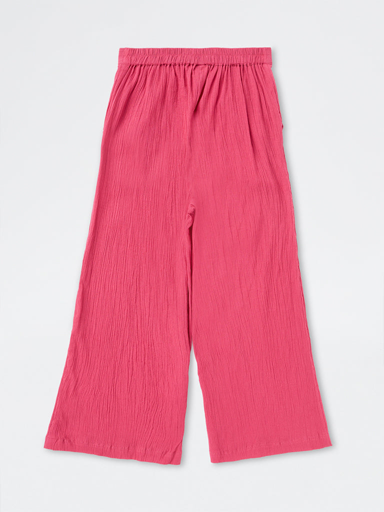 Utsa Kids Girls Fuchsia Crinkle-Textured Cotton Flared Ethnic Pants (8-14 yrs)