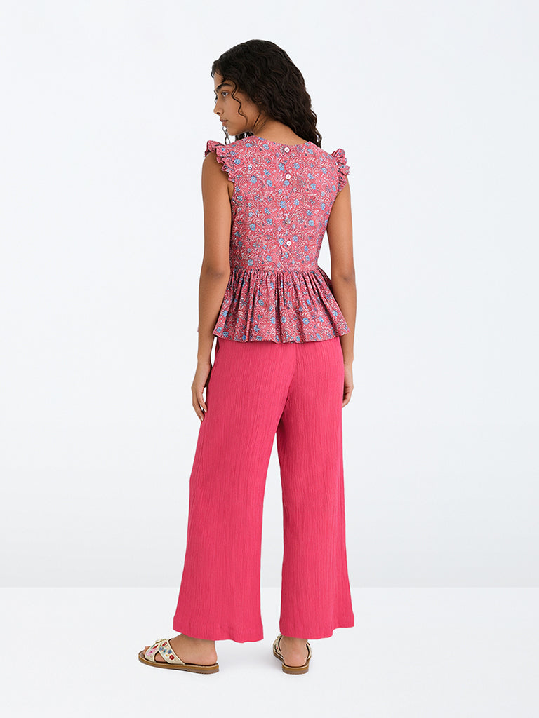 Utsa Kids Girls Fuchsia Crinkle-Textured Cotton Flared Ethnic Pants (8-14 yrs)