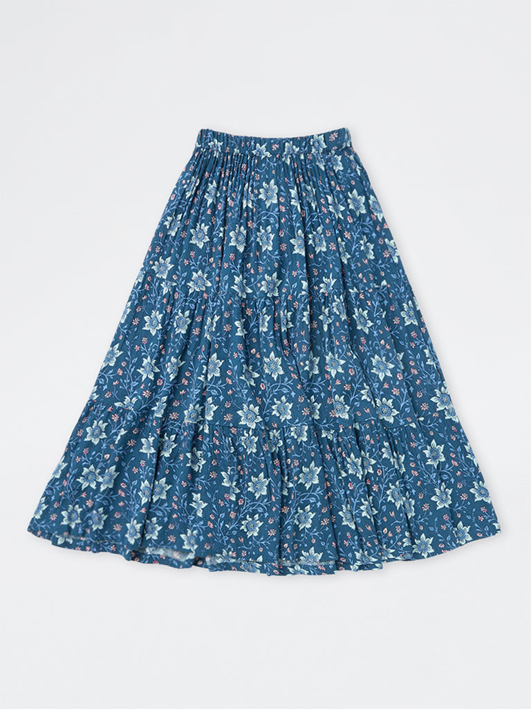 Utsa Kids Girls Dark Blue Floral Printed Tiered Skirt (8-14 yrs)