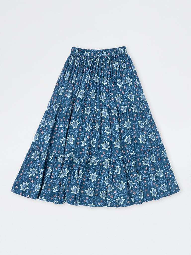 Utsa Kids Girls Dark Blue Floral Printed Tiered Skirt (8-14 yrs)